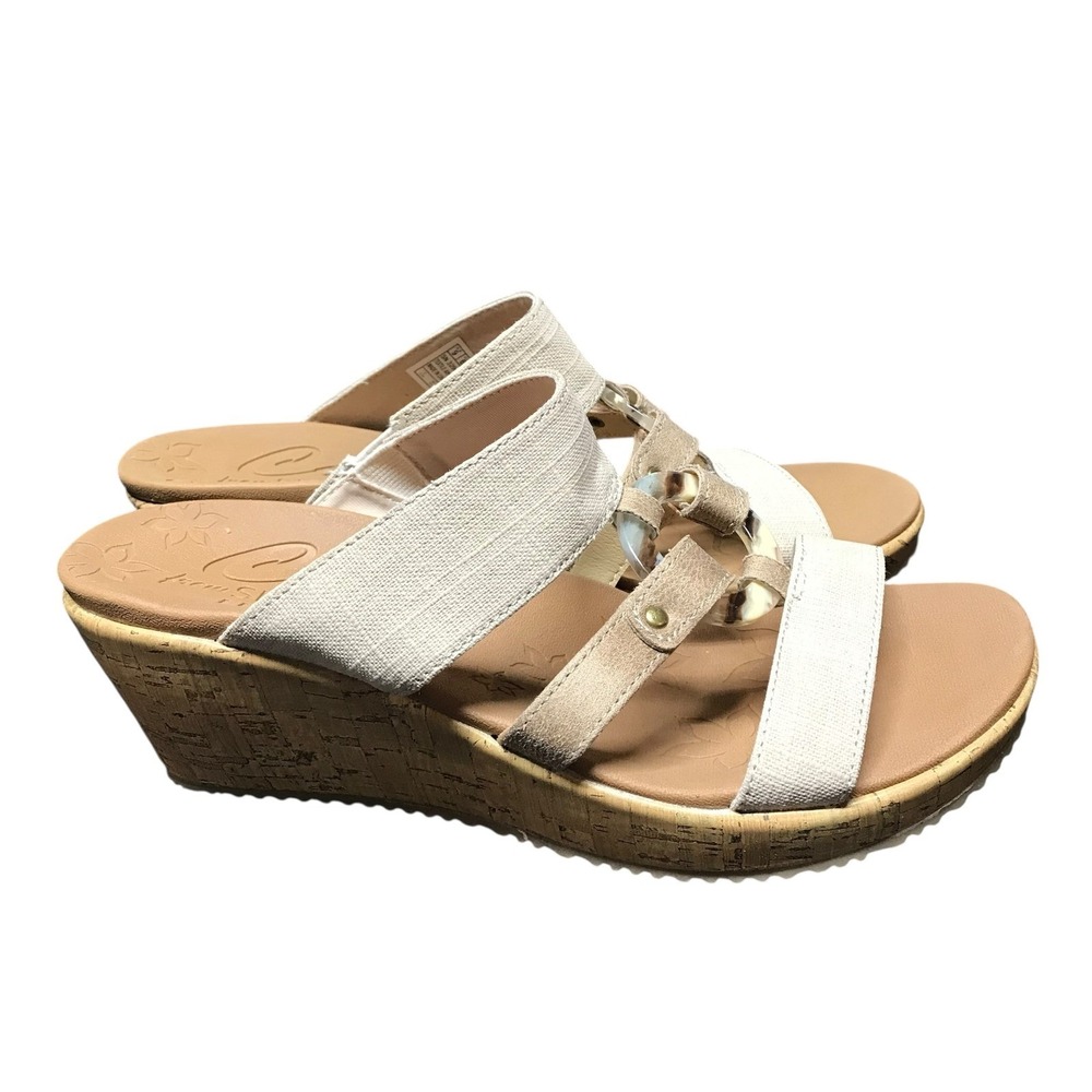 Skechers‎ Luxe Foam Wedge Sandals Cream Tan Strappy Slide Cork Heel Womens 9